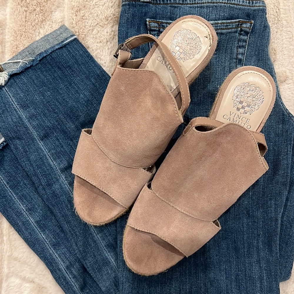 Vince Camuto Beige genuine suede wedge sandals. Size 10